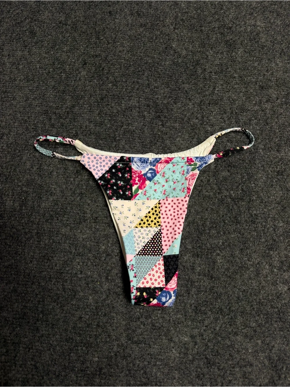 Frankies Patchwork Triangle Thong Bikini Bottom - Multi Floral Print